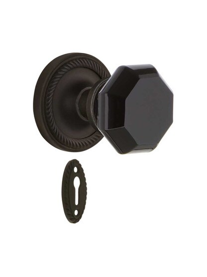 Rope Rosette Mortise Lock Set with Colored Waldorf Crystal Glass Knobs Black in Oil-Rubbed Bronze.